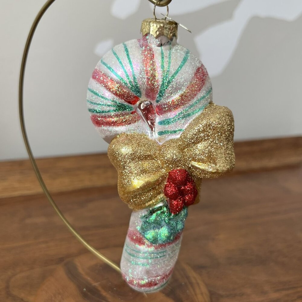 12/25 Blown Glass Candy Cane Ornament Large 5" Peppermint Stick Glitter Holiday